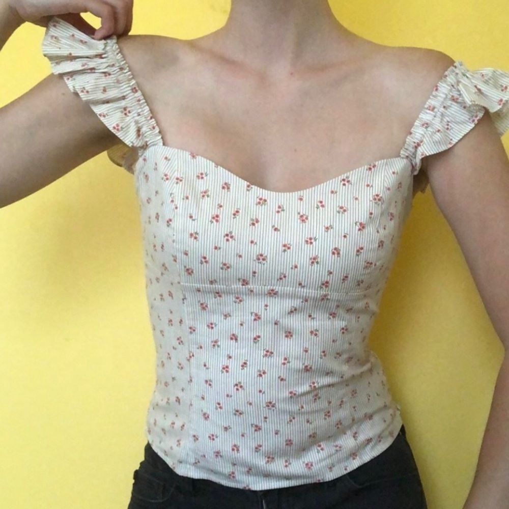 Gianni Bini | Floral  Pink Ivory Stripe Karen Blouse Tank Top Ruffle Sleeve XL